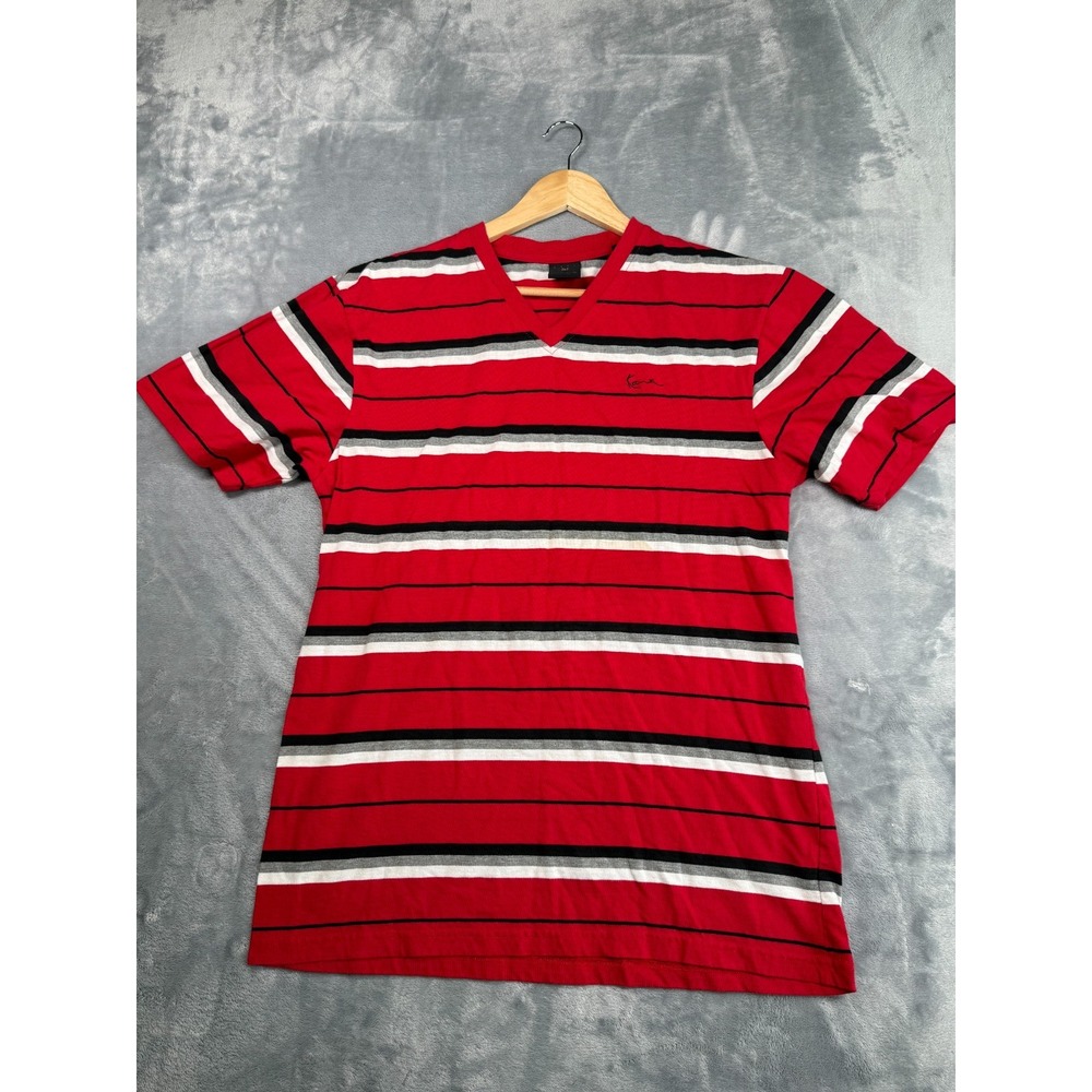 Kani Gold T-Shirt Mens Large Red Black Striped Knit Cotton Blend Casual V-Neck